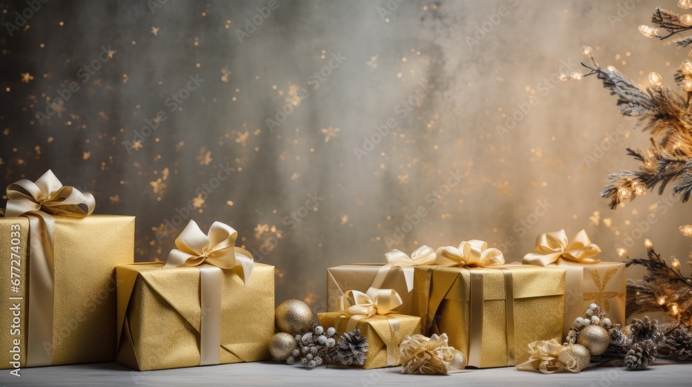 Poster a group of wrapped presents sitting in front of a christmas tree with lights and snowflakes on the b