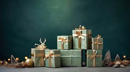  a group of wrapped presents sitting on top of each other in front of a green wall with christmas decorations and a deer head on top of the boxes with gold bows.  generative ai - Powered by Adobe