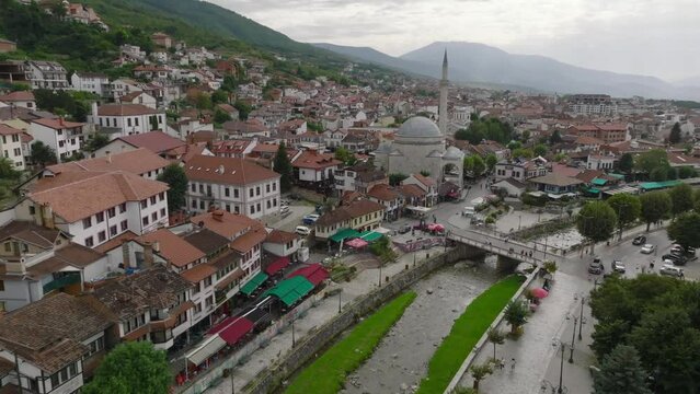 Aerial Cityscape of the historic town Prizren in Kosovo, Europe. Old Capital at cloudy weather