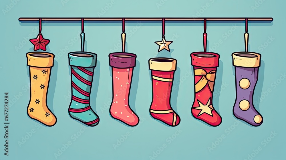 Poster a row of christmas stockings hanging from a line on a clothes line with a star on the top of the soc
