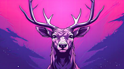  a digital painting of a deer with antlers on it's head in front of a purple and pink background with a pink sky and purple hued background.  generative ai