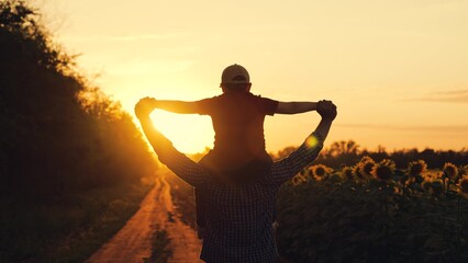 Happy child sitting on fathers shoulders is playing pilot at sun. Family, dad kid son are walking fields with sunflowers play pilots. Family outdoor entertainment. Dream of flying concept. Superhero