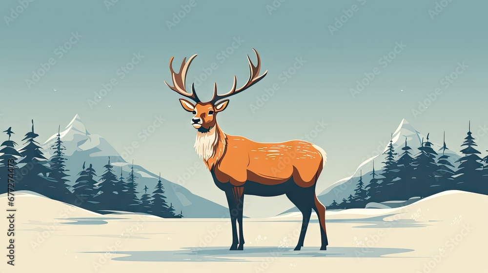 Poster  a deer standing in the middle of a snow covered field with pine trees in the background and a mountain range in the distance with snow on it's sides.  generative ai