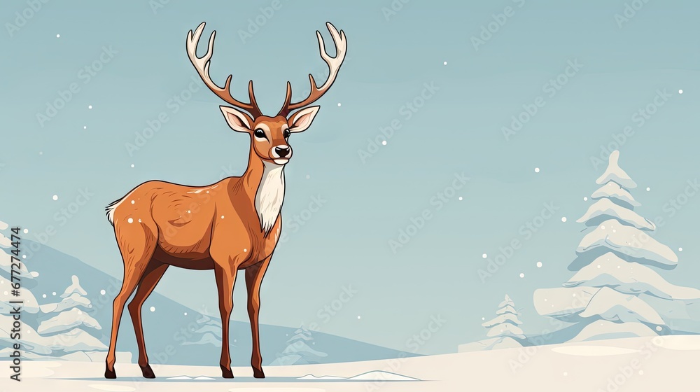 Poster a deer standing in the middle of a snow covered field with pine trees in the background and a light 