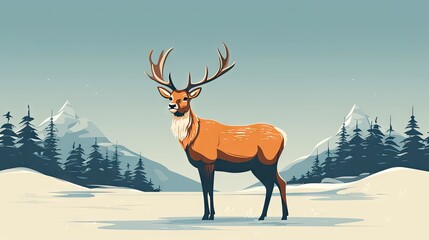  a deer standing in the middle of a snow covered field with pine trees in the background and a mountain range in the distance with snow on it's sides.  generative ai