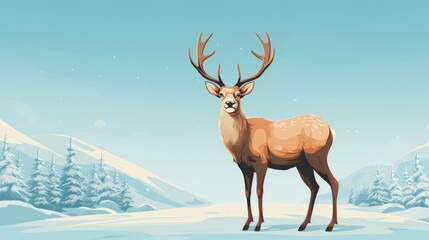  a deer standing in the middle of a snow covered field with trees in the background and a blue sky with white snow flecks on the top of it.  generative ai