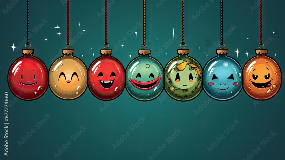 Poster  a row of christmas ornaments hanging from strings with faces drawn on them and smiling faces drawn on the sides of each ornament hanging from a row of them.  generative ai