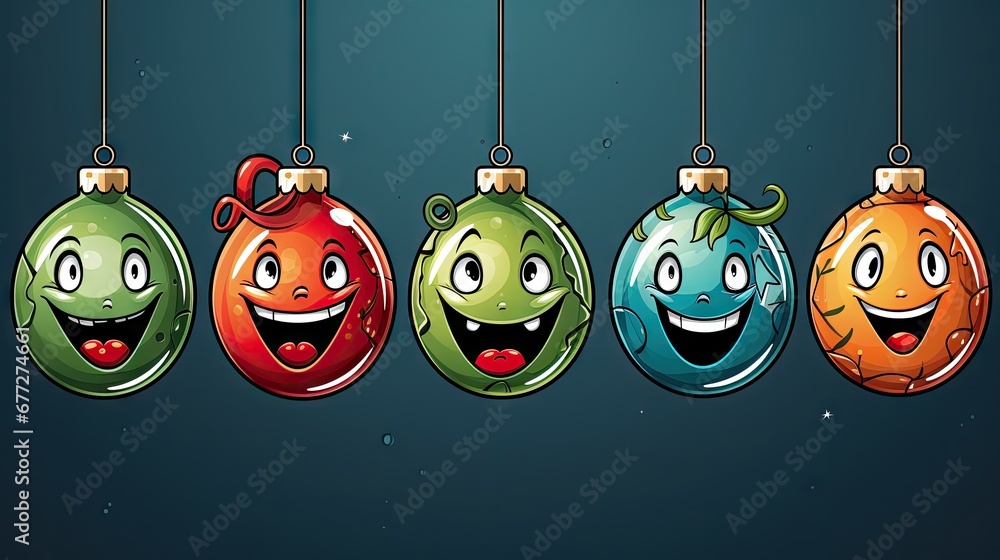 Poster a row of christmas ornaments hanging from strings with cartoon faces hanging from the ends of each o