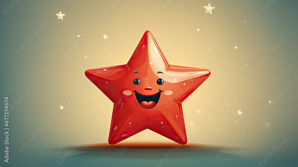 Poster a red star with a smiling face sitting on top of a blue surface with stars on the sides of the image