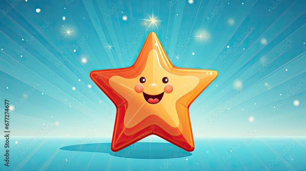 Poster a yellow star with a smiling face on a blue background with a starburst in the middle of the frame a