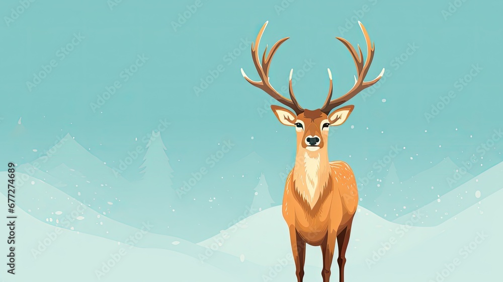 Wall mural  a deer standing in the middle of a snow covered field with a blue sky in the back ground and trees in the back ground, with snow on the ground.  generative ai