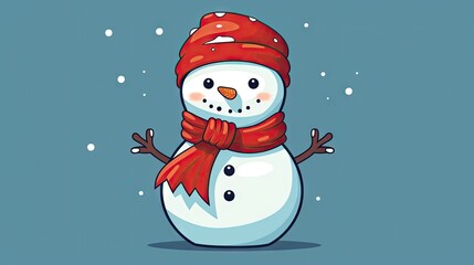  a snowman wearing a red hat and a red scarf and a red scarf around his neck is standing in front of a blue background with snow flakes and snowflakes.  generative ai