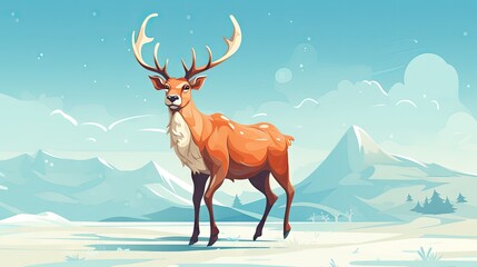  a deer standing in a snowy landscape with mountains in the background and snow flakes on the ground and a blue sky with white clouds and snow flecks.  generative ai