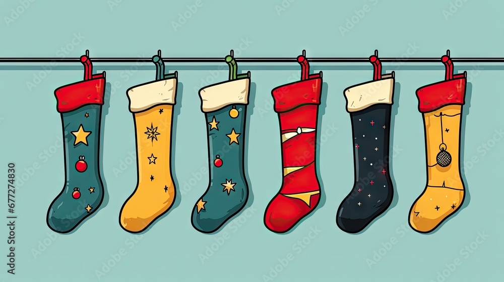 Poster a line of christmas stockings hanging on a clothes line with a star and snowflake pattern on the bot