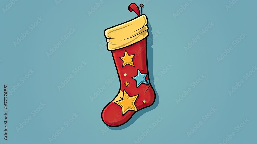Poster a red christmas stocking with gold stars hanging from it's side on a blue background with a red bott