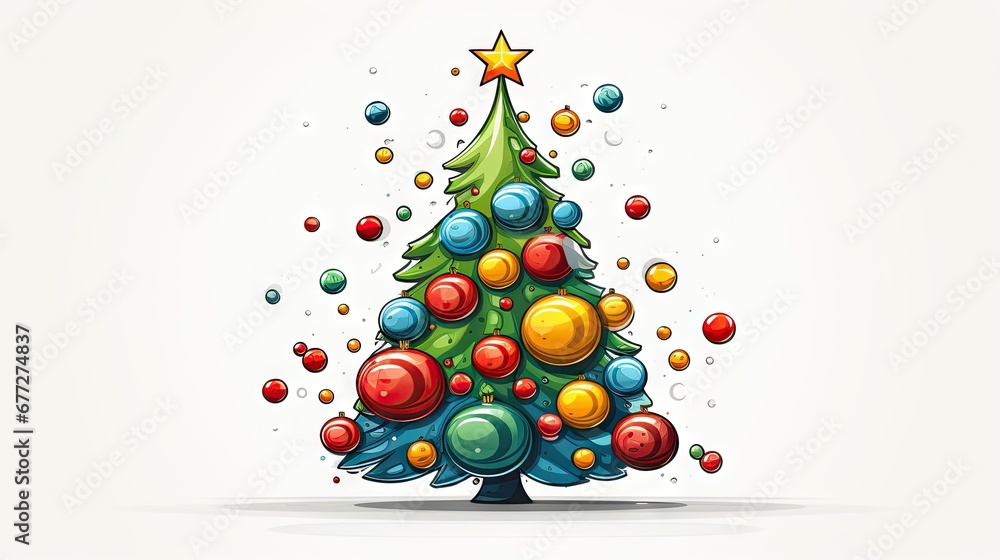 Poster a christmas tree with colorful balls and a star on top of the christmas tree is surrounded by balls 