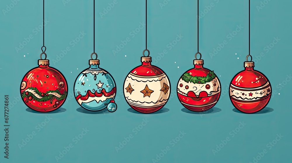 Poster  a row of christmas baubles hanging from strings on a blue background with the words merry christmas written on the bottom of the bauble and bottom of the bauble.  generative ai