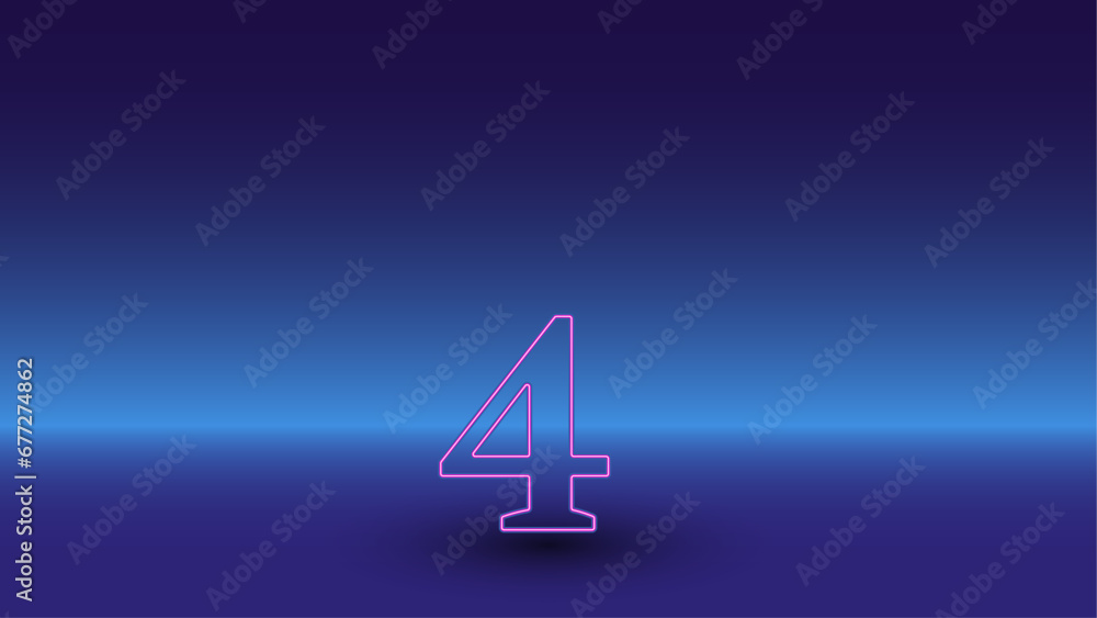 Poster neon number four symbol on a gradient blue background. the isolated symbol is located in the bottom 