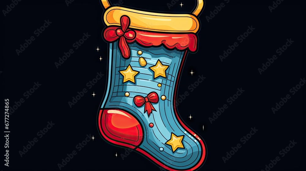 Poster a christmas stocking with stars and a bow hanging from it's side on a black background with stars an