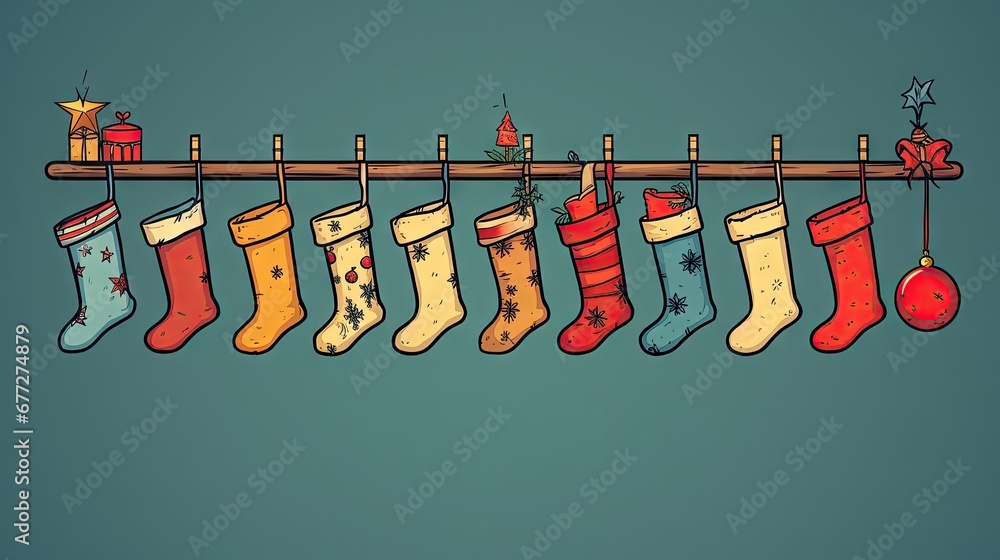 Poster a row of stockings hanging on a clothes line with a christmas tree in the middle of the row and pres