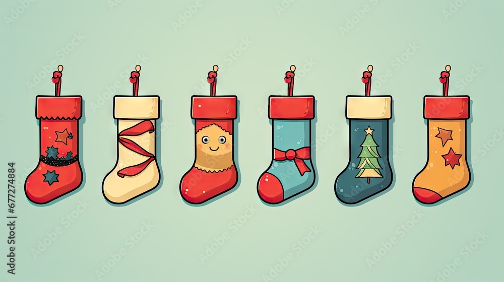 Poster a row of christmas stockings hanging from a line on a blue background with a christmas tree in the m
