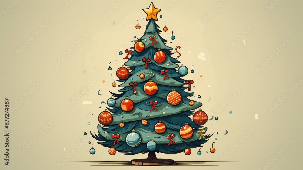 Poster  a christmas tree with ornaments on it and a star above the top of the tree is an illustration of a christmas tree with ornaments on the top of the tree.  generative ai