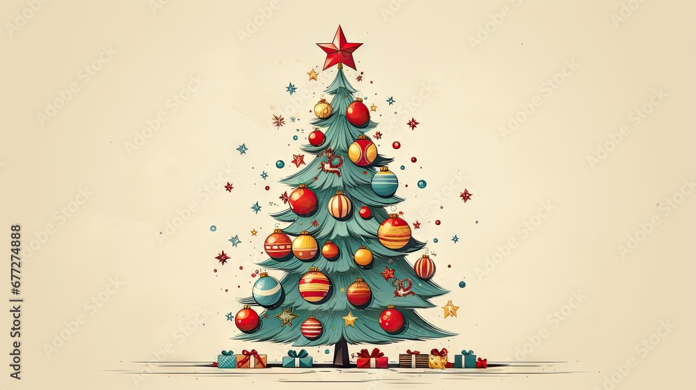 Poster  a drawing of a christmas tree with ornaments on it and a star on the top of the tree and a star on the bottom of the top of the tree.  generative ai