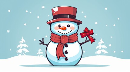  a snowman wearing a red hat and a red scarf and a red scarf around his neck and a red bow around his neck and a blue background with snow.  generative ai