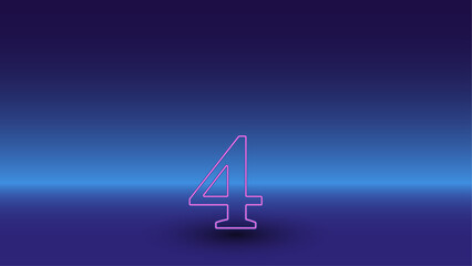 Neon number four symbol on a gradient blue background. The isolated symbol is located in the bottom center. Gradient blue with light blue skyline