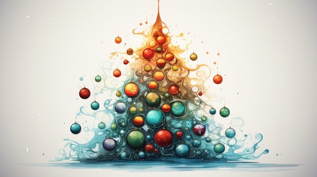  a painting of a christmas tree made up of different colored balls and drops of water on a light gray background with a white back droplet above the top of the image.  generative ai