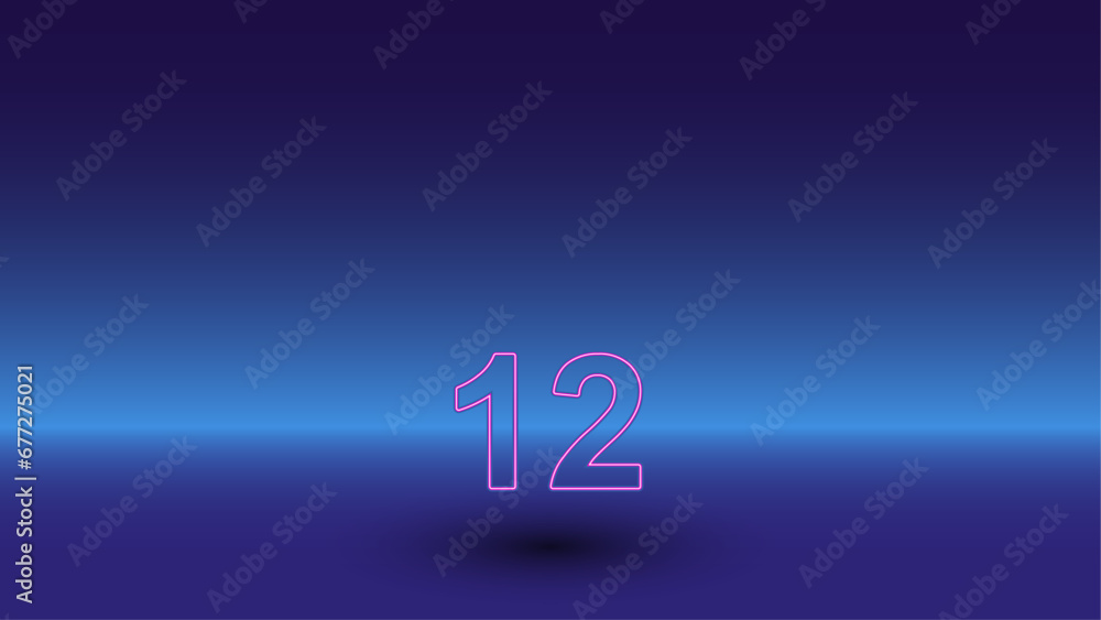 Poster neon twelve symbol on a gradient blue background. the isolated symbol is located in the bottom cente