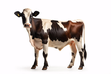A black-and-white cow is solo, standing erect with a full-body view on a white backdrop.