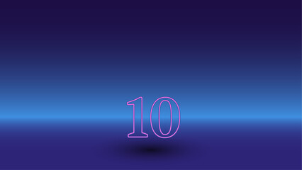 Neon number ten symbol on a gradient blue background. The isolated symbol is located in the bottom center. Gradient blue with light blue skyline