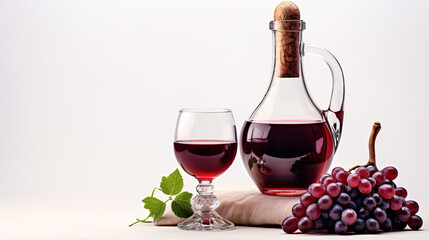 A carafe, vine and goblet of vino isolated on a plain backdrop.
