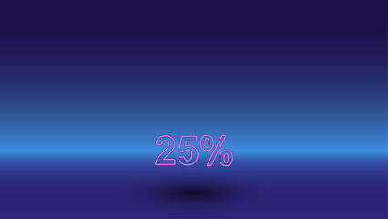 Neon 25 percent symbol on a gradient blue background. The isolated symbol is located in the bottom center. Gradient blue with light blue skyline