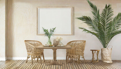 Dining room wall mock up with Areca palm, rattan dining set, wooden table on wooden floor - obrazy, fototapety, plakaty