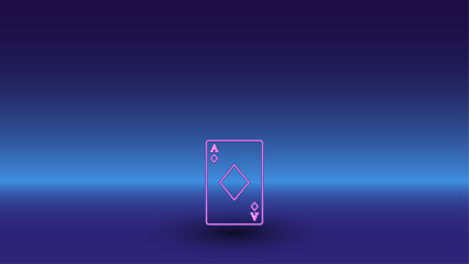 Neon ace of diamond symbol on a gradient blue background. The isolated symbol is located in the bottom center. Gradient blue with light blue skyline