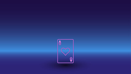 Neon ace of heart symbol on a gradient blue background. The isolated symbol is located in the bottom center. Gradient blue with light blue skyline