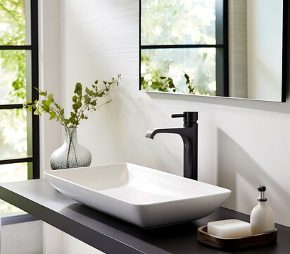 White ceramic rectangle vessel sink and matte black faucet on black counter mounted on white tiles wall with mirror. Minimalist interior design of modern bathroom.