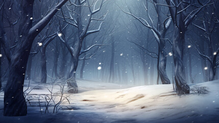 A wintry fantasy woodland with flakes meandering.