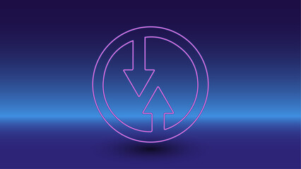 Neon advantage of oncoming traffic symbol on a gradient blue background. The isolated symbol is located in the bottom center. Gradient blue with light blue skyline