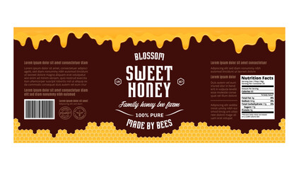 Honey label or packaging design template with honeycombs and dripping honey