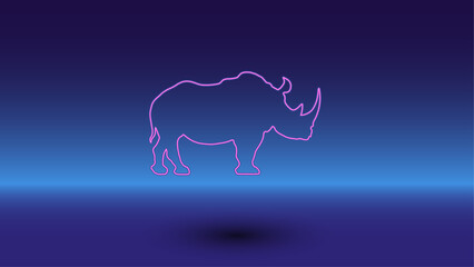 Neon rhino symbol on a gradient blue background. The isolated symbol is located in the bottom center. Gradient blue with light blue skyline