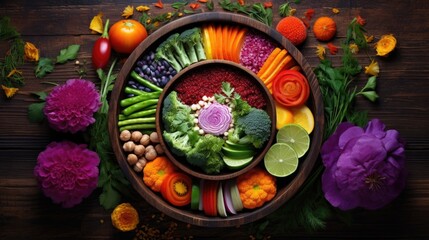 A wooden bowl filled with assorted fruits and vegetables