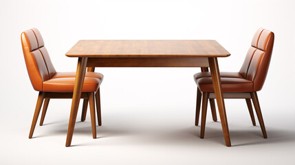 A wooden and fabric dining table and chair are isolated on a pristine, white surface.