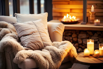 Cozy armchair with sheepskin throw and coffee table with glowing candles. Scandinavian hygge home interior design of modern living room in cabin. Warm and inviting winter atmosphere. - obrazy, fototapety, plakaty