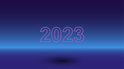 Neon 2023 year symbol on a gradient blue background. The isolated symbol is located in the bottom center. Gradient blue with light blue skyline