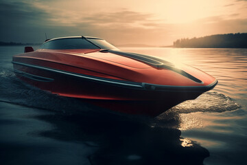 Glide through the waves in style with a red, classy speedboat, a perfect blend of elegance and speed. Ai generated