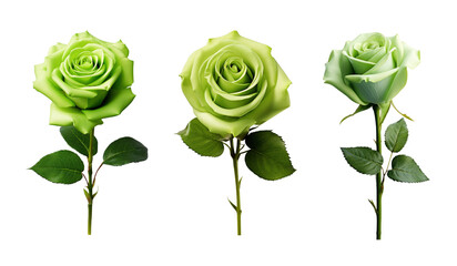 Set of green rose flowers isolated on transparent background 