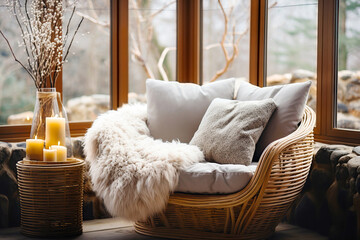 Rattan chair with fur blanket and grey pillows against window. Cozy reading nook. Scandinavian farmhouse, hygge home interior design of modern living room. Warm and inviting fall atmosphere.